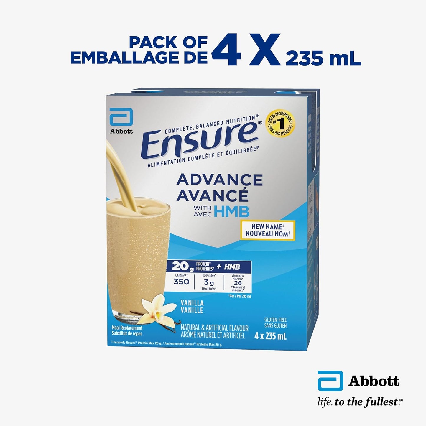 Ensure Advance，代餐奶昔，蛋白质奶昔，含 20 克蛋白质，有助于增强肌肉，香草味，4 x 235 毫升瓶装