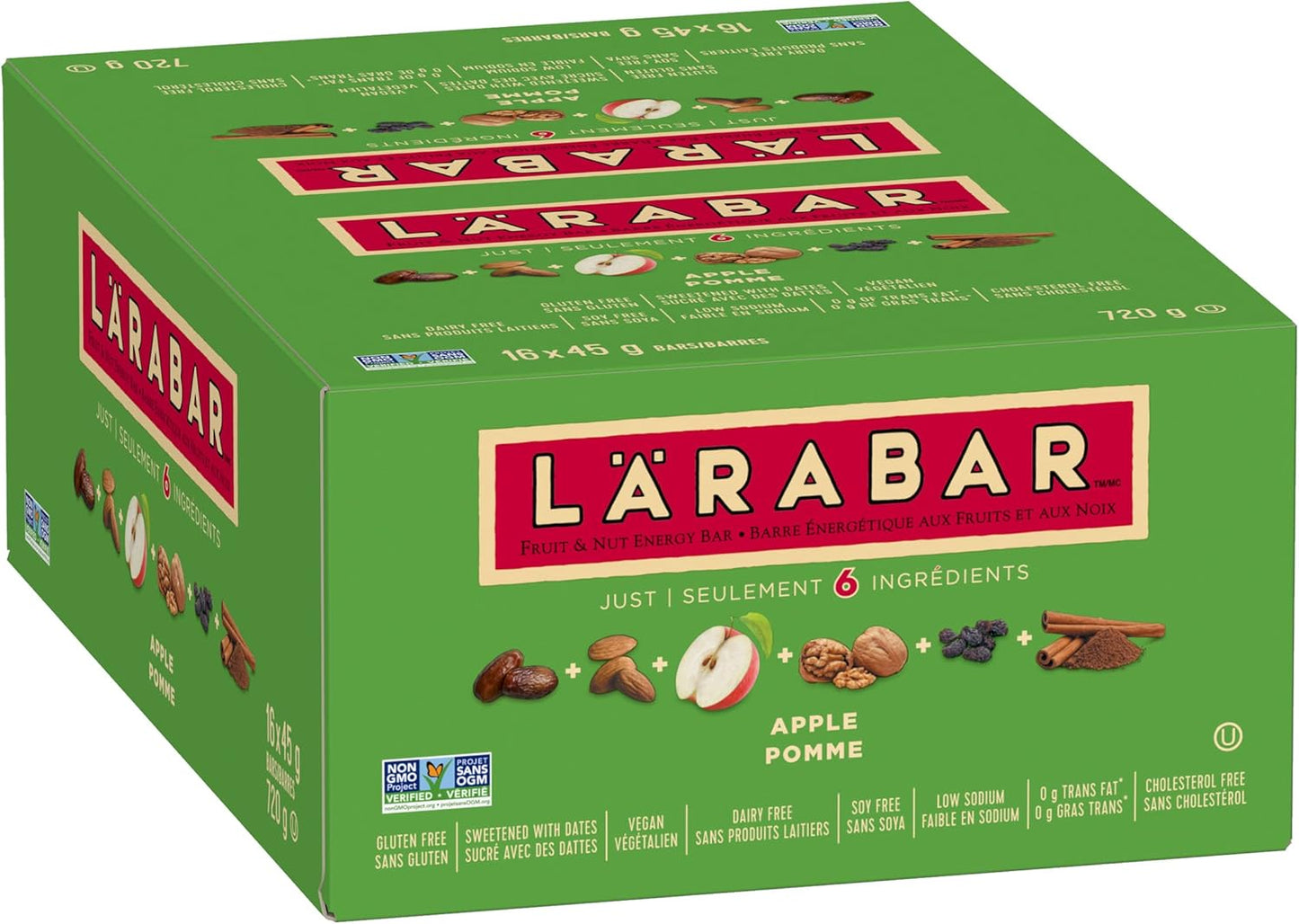 LÄRABAR 苹果、水果和坚果能量棒，16 条装，无麸质，纯素，家庭装，零食棒，720 克/包