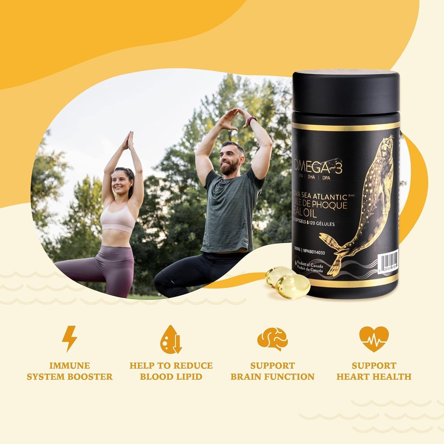 Nova Sea Atlantic 出品，易于吞咽的竖琴海豹油 Omega 3 6 9 | 加拿大制造 | 富含 EPA、DHA 和 DPA，有益健康 | 100% 天然，无化学成分，非转基因 | 500 毫克 - 120 粒软胶囊（1 包）