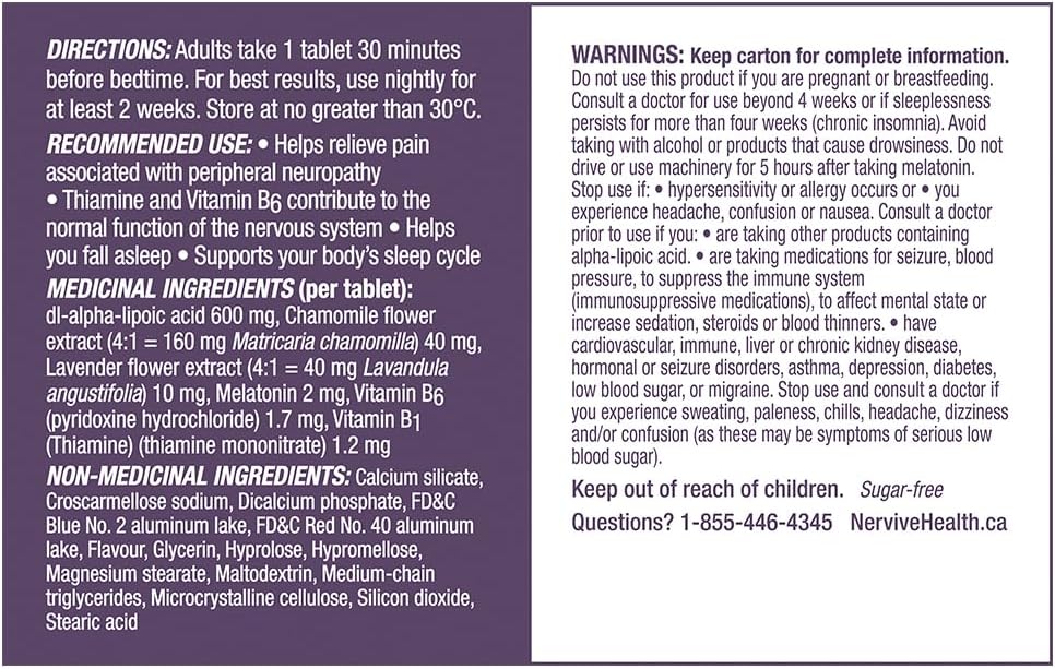 Nervive 神經舒緩 PM，有助於緩解週邊神經病變引起的疼痛，α-硫辛酸 ALA，維生素 B1-硫胺素、B6 和 B12，褪黑激素，洋甘菊，薰衣草，30 晚用量，30 片