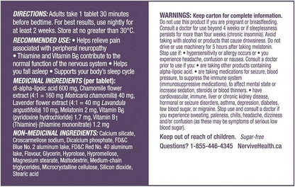 Nervive 神經舒緩 PM，有助於緩解週邊神經病變引起的疼痛，α-硫辛酸 ALA，維生素 B1-硫胺素、B6 和 B12，褪黑激素，洋甘菊，薰衣草，30 晚用量，30 片