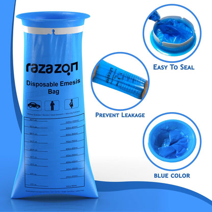 RAZAZON Vomit Bags Disposable Medical Grade for Adults - 50 Pack - Leak Resistant, Portable, Emesis Bags Disposable Car Sick Bag, Puke, Throw Up, Barf Bags for Travel Motion Sickness, Kids, Taxi