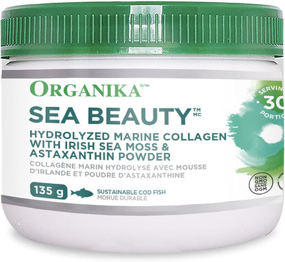 Organika Sea Beauty - Hydrolyzed Marine Collagen with Irish Sea Moss and Astaxanthin Powder- Improve Skin Health and Anti-Aging Support, Antioxidants- 135g