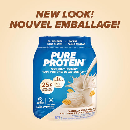 Pure Protein Whey Powder - High Protein (25 g/scoop), Low Sugar (2 g/scoop), Gluten Free - Fast-Acting Formula, Vanilla, 907g