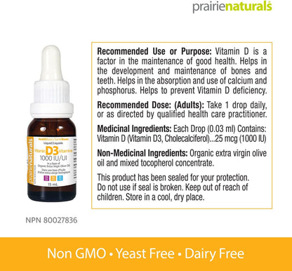 Prairie Naturals 液体维生素 D3 胆钙化醇 1,000iu 15ml，1 瓶