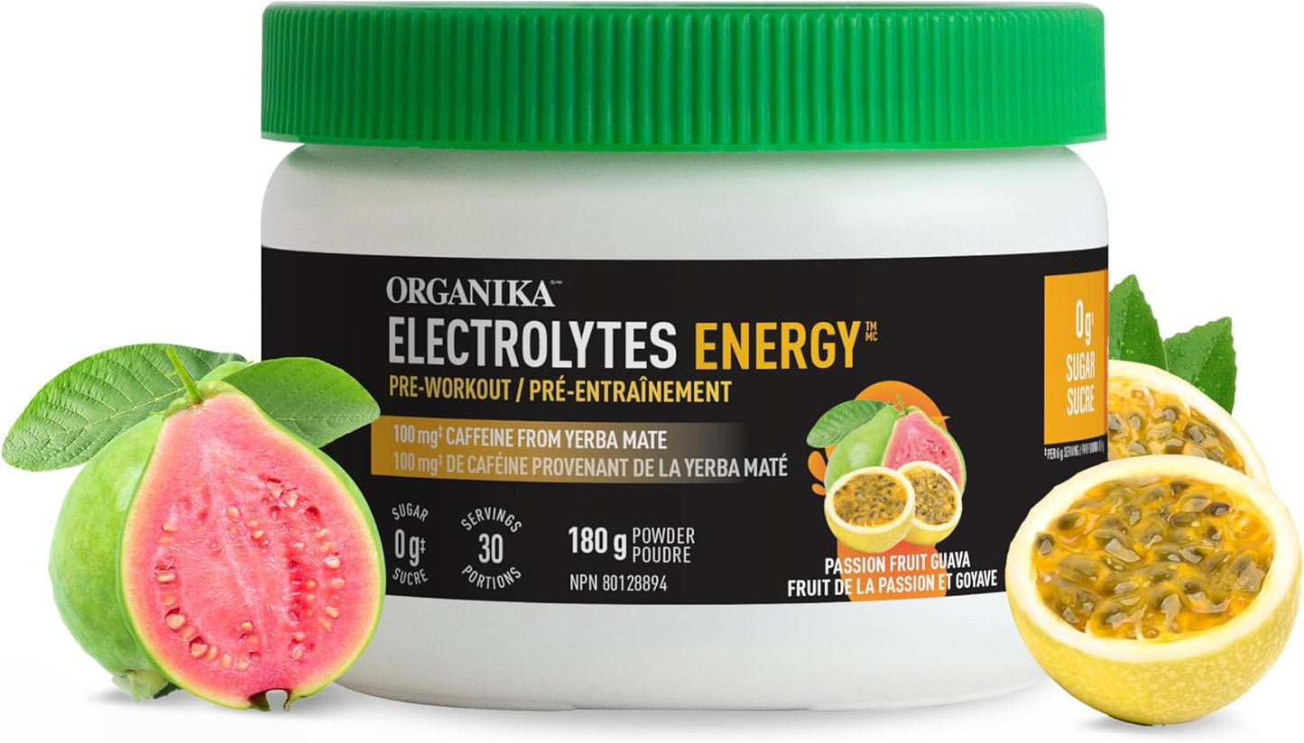 Organika 電解質能量 - 運動前，2 克肌酸，天然馬黛茶咖啡因，肌醇 - 百香果番石榴味 - 180 克