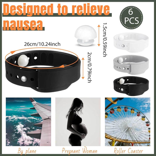 Konohan 6 Pcs Motion Sickness Bands Adjustable Acupressure Wristbands Waterproof Relief Bracelets Soft Anti Nausea Wristband Travel Bands for Motion Sickness Adult for Seasickness Black Gray White