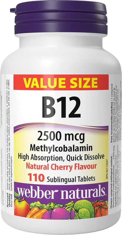 Webber Naturals 维生素 B12 2500 微克速溶片和维生素 D3 1000 国际单位，260 片，有助于骨骼和牙齿健康，维持身体健康