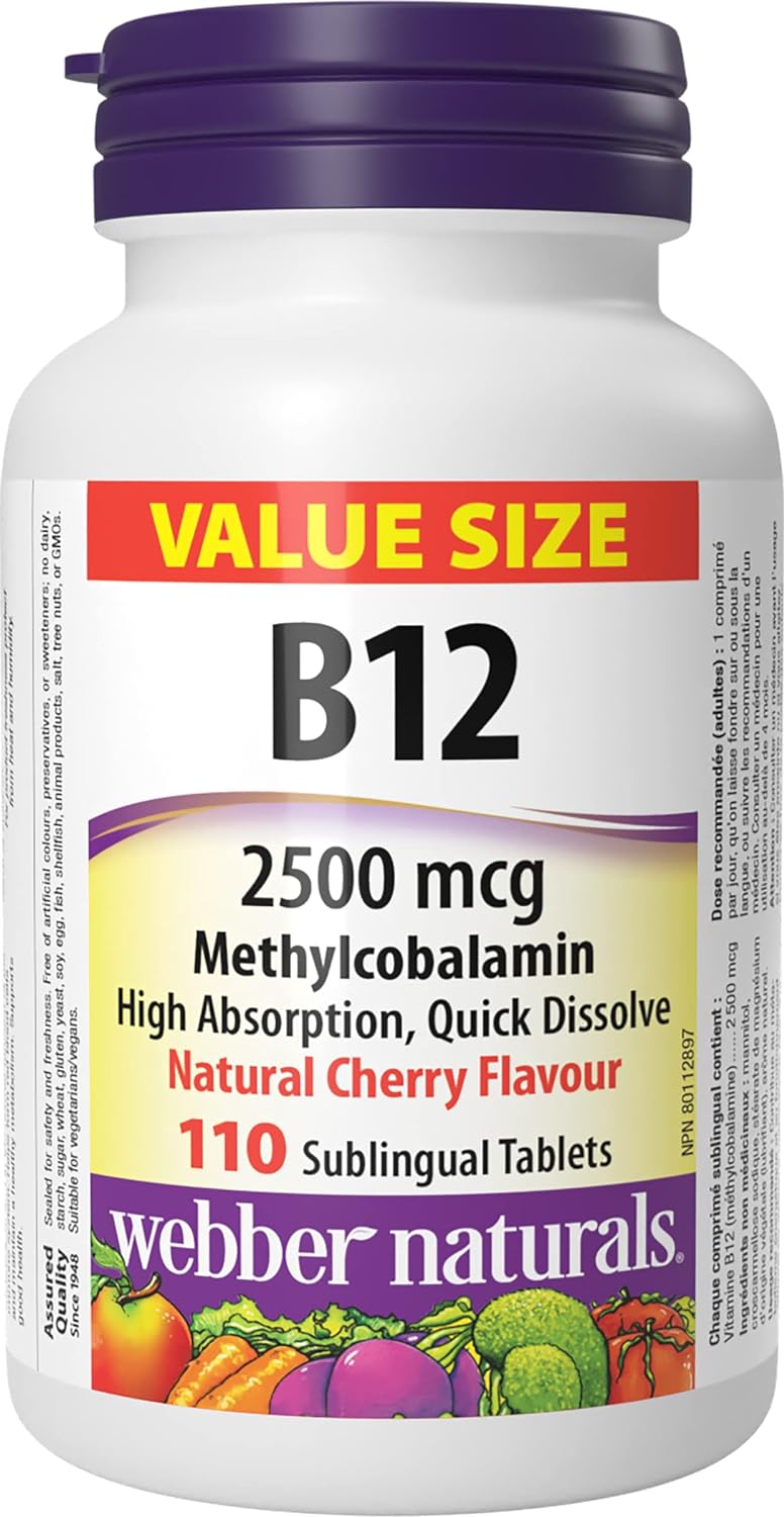Webber Naturals 维生素 B12 2500 微克速溶片和维生素 D3 2500 国际单位强效片，180 片，有助于骨骼和牙齿健康，并有助于预防维生素 D 缺乏症