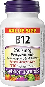 Webber Naturals 維生素 B12 2500 微克，速溶，110 片，天然櫻桃味，支持能量產生和代謝