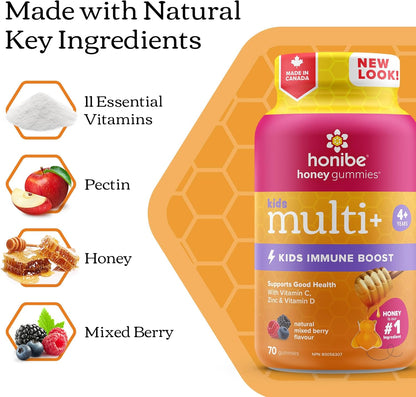 Honibe 兒童複合維生素軟糖，增強免疫力 | 加拿大製造蜂蜜維生素 | 兒童咀嚼軟糖維生素 | 兒童素食維生素軟糖 | 兒童鋅維生素小蜜蜂軟糖 | 70 粒軟糖