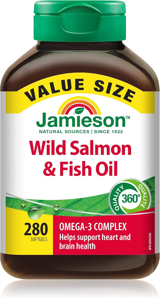 Jamieson 野生鮭魚魚油軟膠囊，1000 毫克，超值裝，支持心臟和大腦健康。含野生阿拉斯加鮭魚、鯡魚、EPA 和 DHA，非基因，無麩質，280 粒，加拿大製造