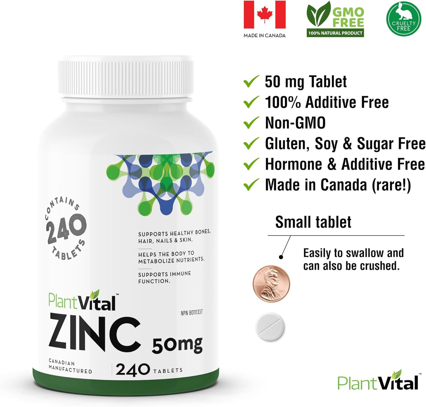 PlantVital Zinc Supplements - Made in Canada - 50mg (240 Count) - Immune Support, Healthy Bones, Hair, Nail and Skin with Zinc Gluconate 50mg - Made in Canada - Additive-Free - 240 Zinc Tablets