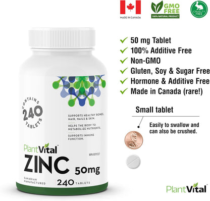 PlantVital Zinc Supplements - Made in Canada - 50mg (240 Count) - Immune Support, Healthy Bones, Hair, Nail and Skin with Zinc Gluconate 50mg - Made in Canada - Additive-Free - 240 Zinc Tablets