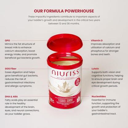 NIURISS Toddler Formula - With 27 micronutrients, OPO Lipids and GOS fiber. Toddler formula made in Canada from Canadian milk - Certified Kosher and Halal - 12-36 mo. 900g