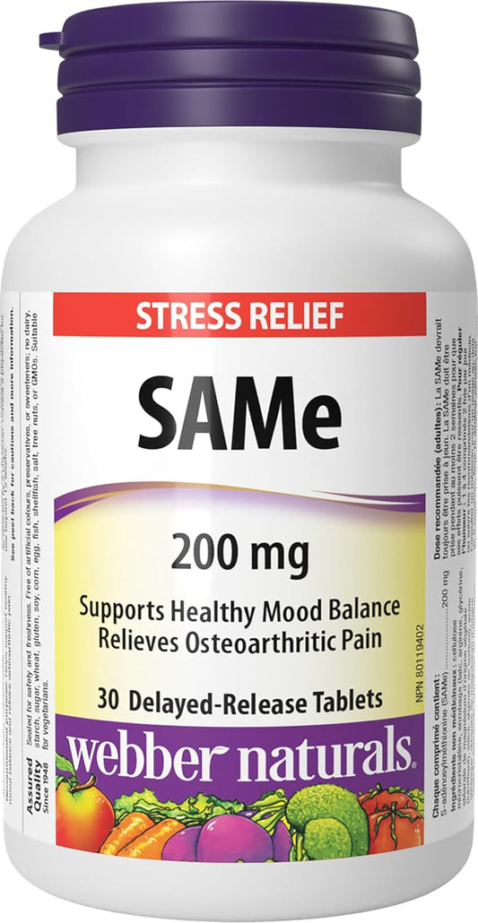 Webber Naturals SAMe 200 mg, 30 Tablets, Helps Support Healthy Mood Balance, Delayed-Release Formula