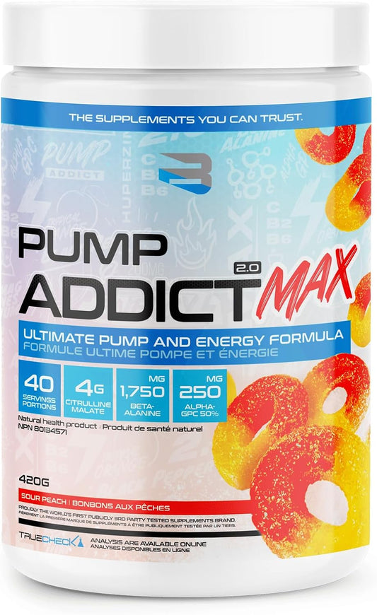 Believe Supplements - Pump Addict Max 锻炼前粉末 - 增强能量、注意力和耐力（420 克，酸桃味）