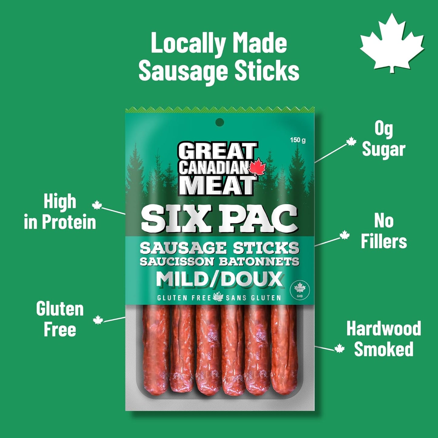 淡味烟熏香肠条 - 4 包，每包 4 x 150 克，Great Canadian Meat 出品，肉类零食，散装香肠条盒，适合肉食爱好者。零食之选，古饮食法，无麸质，高蛋白