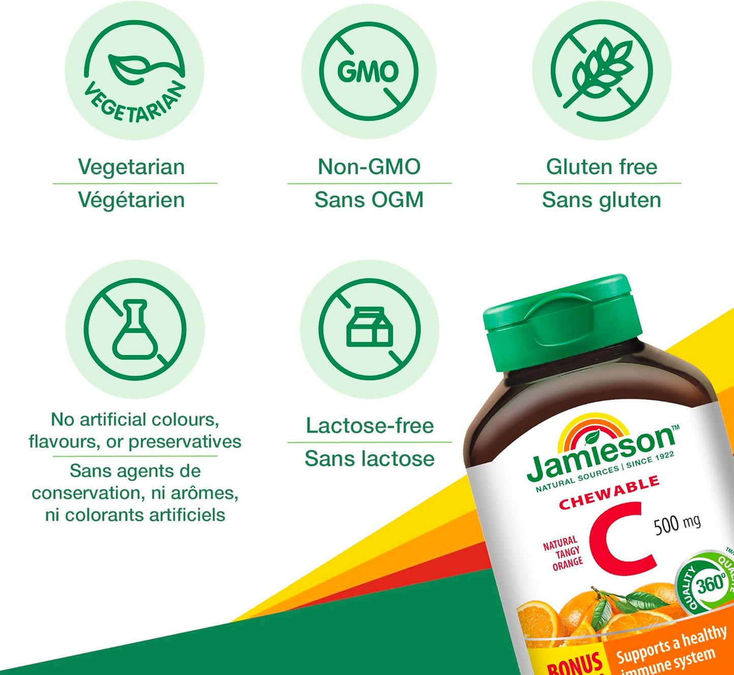 Jamieson 咀嚼维生素C 500毫克，天然酸橙味，有助于增强免疫力，强健牙齿和骨骼。适合全家（4岁以上），素食，非转基因，无麸质，不含人工香料、色素或防腐剂，120粒……