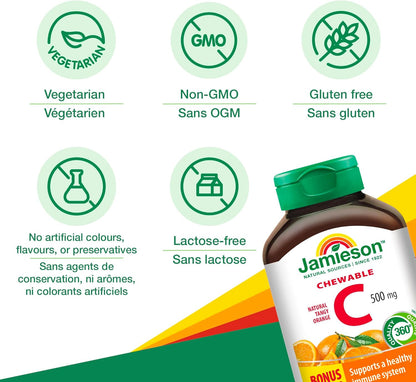 Jamieson 咀嚼维生素C 500毫克，天然酸橙味，有助于增强免疫力，强健牙齿和骨骼。适合全家（4岁以上），素食，非转基因，无麸质，不含人工香料、色素或防腐剂，120粒……