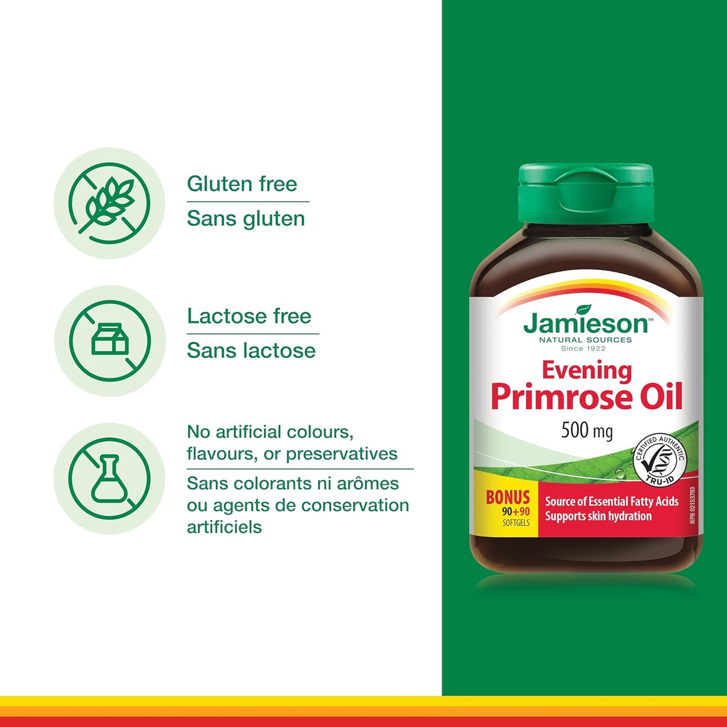 Jamieson Evening Primrose Oil 500 mg with Vitamin E, Omega-6, Supports Skin Hydration, Skin Smoothness, Reduces Acne Symptoms, and Provides Ezcema Symptom Support. Non-GMO, Gluten-Free, 180 Softgels, Proudly Canadian