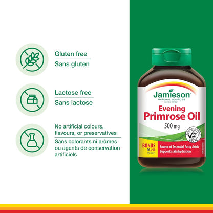 Jamieson Evening Primrose Oil 500 mg with Vitamin E, Omega-6, Supports Skin Hydration, Skin Smoothness, Reduces Acne Symptoms, and Provides Ezcema Symptom Support. Non-GMO, Gluten-Free, 180 Softgels, Proudly Canadian