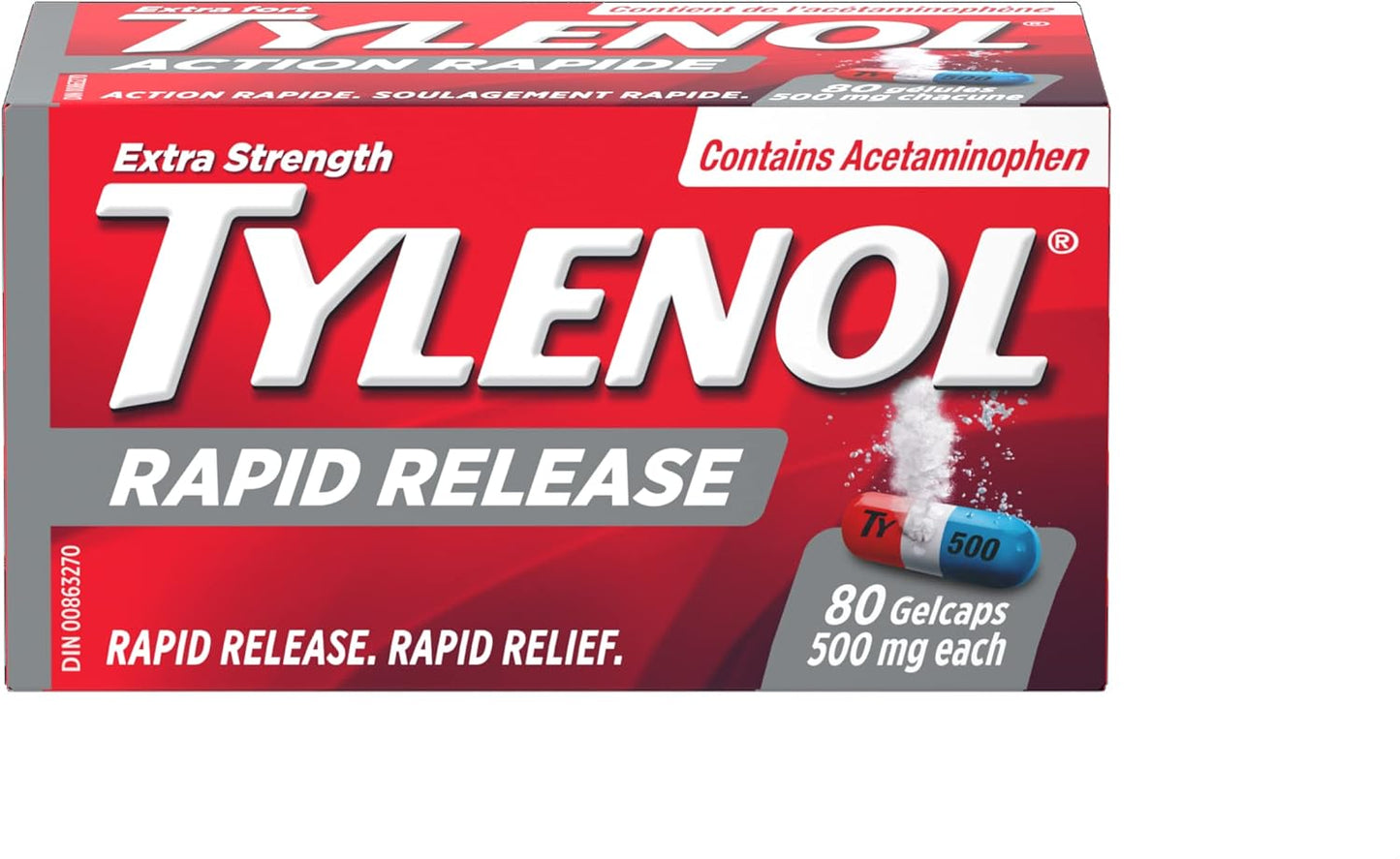 Tylenol Extra Strength Pain Reliever Medicine for Headache, Back Pain and to Reduce Fever, Acetaminophen Rapid Release Gelcaps, 500mg, 80 Gelcaps