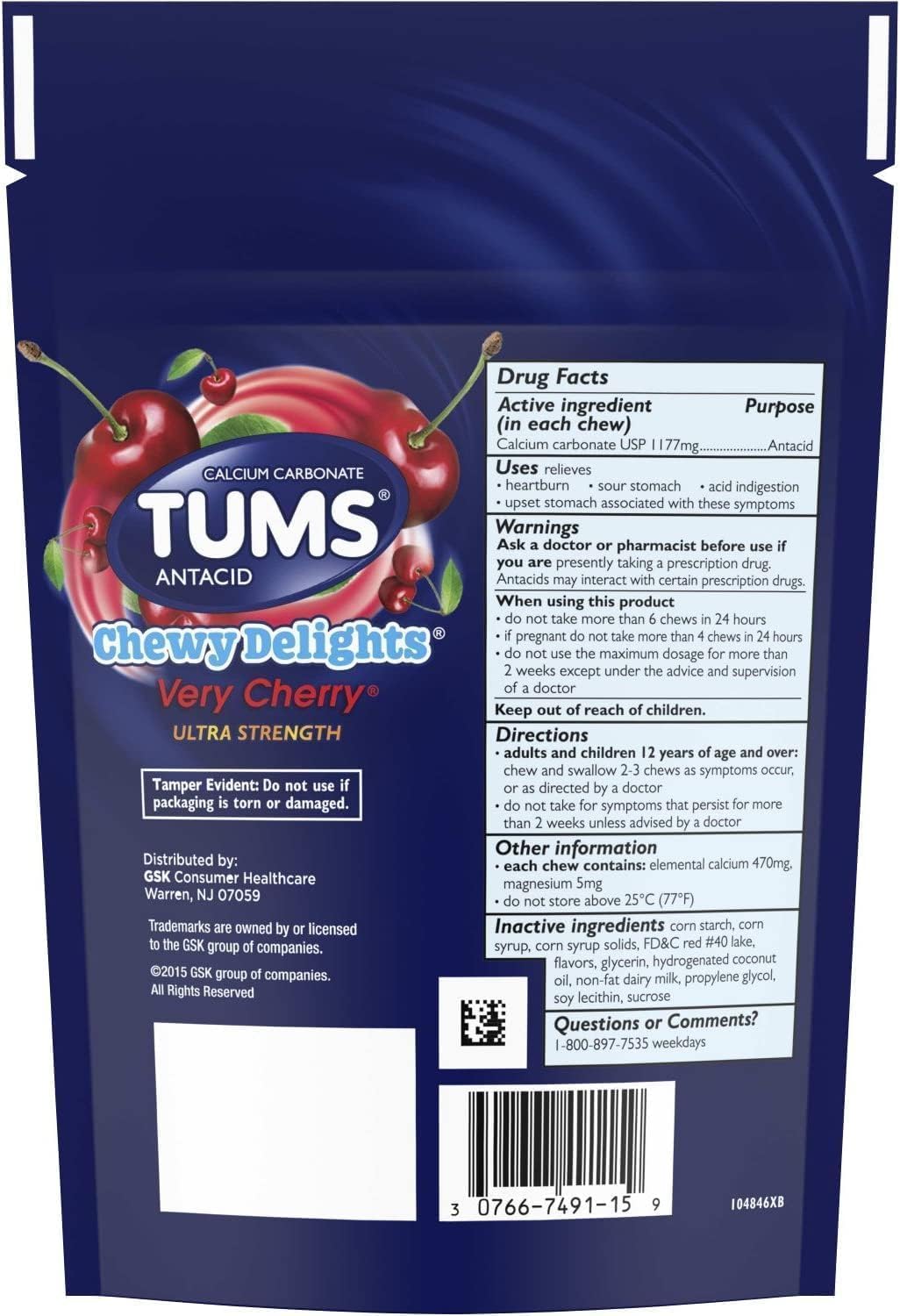 Tums Chewy Delights 软糖，樱桃味，（2 包，32 粒）TUMS 出品