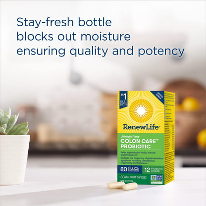 Renew Life® Probiotics Ultimate Flora® Colon Care™ Probiotic, Reduces frequency of constipation, nausea, and flatulence, 80 Billion Active Cultures, 30 Vegetarian Capsules