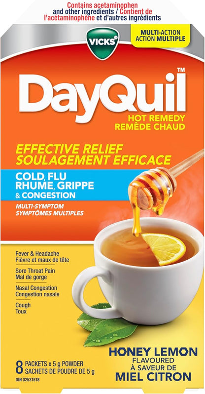 Vicks DayQuil 熱敷感冒、流感和鼻塞藥，白天使用，不引起困倦，緩解發燒和頭痛、咽喉痛、鼻塞、咳嗽，多效合一，蜂蜜檸檬味，8 包粉劑