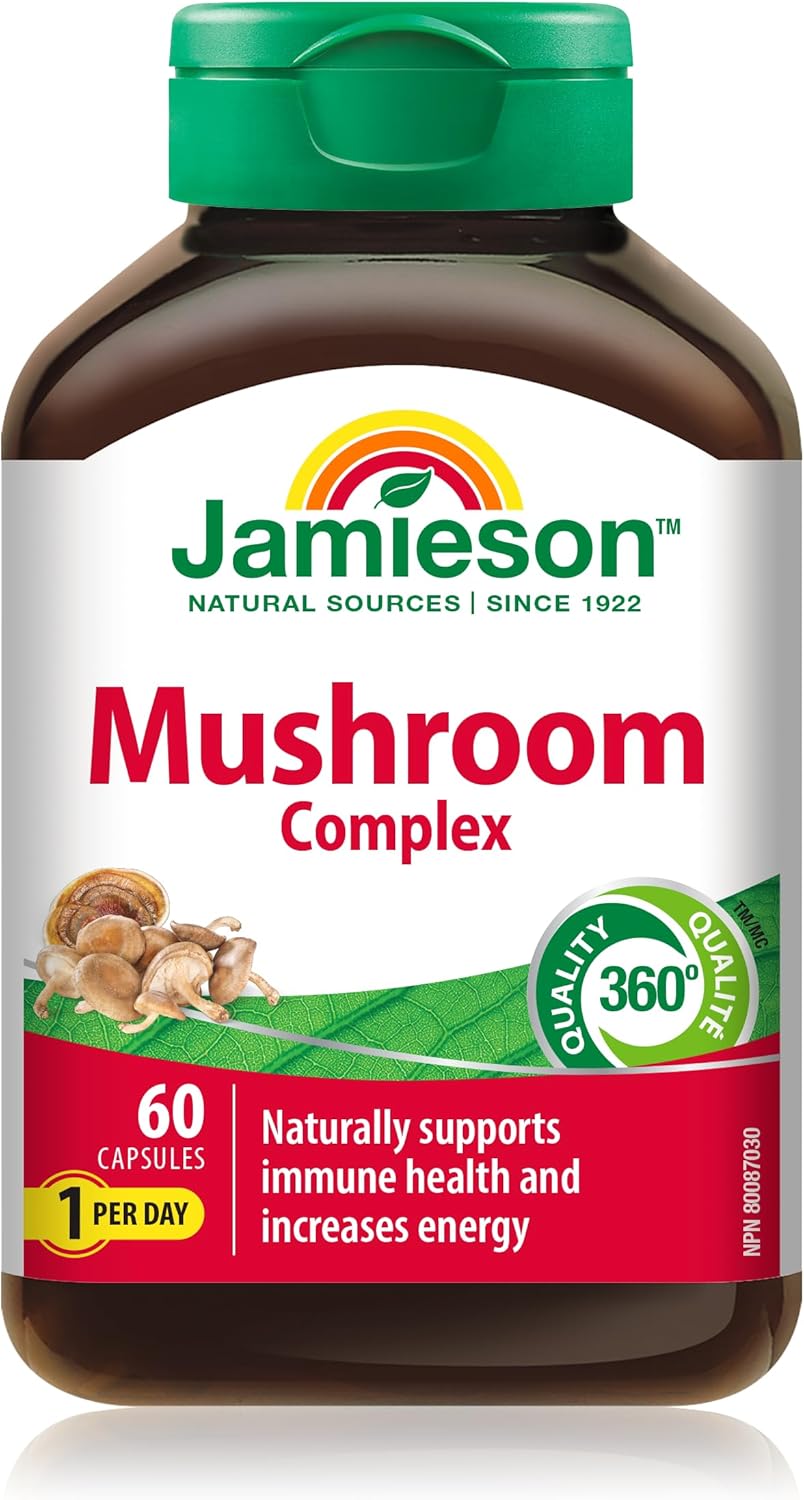 Jamieson Mushroom Complex, with Reishi, Lion's Mane, Chaga, Shiitake, and Garlic. Supports Immune Health, Energy, Resistance to Stress, and Heart Health, Non-GMO, Gluten-Free, 60 Capsules, Proudly Canadian