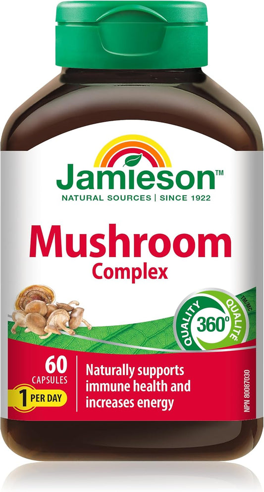 Jamieson Mushroom Complex, with Reishi, Lion's Mane, Chaga, Shiitake, and Garlic. Supports Immune Health, Energy, Resistance to Stress, and Heart Health, Non-GMO, Gluten-Free, 60 Capsules, Proudly Canadian