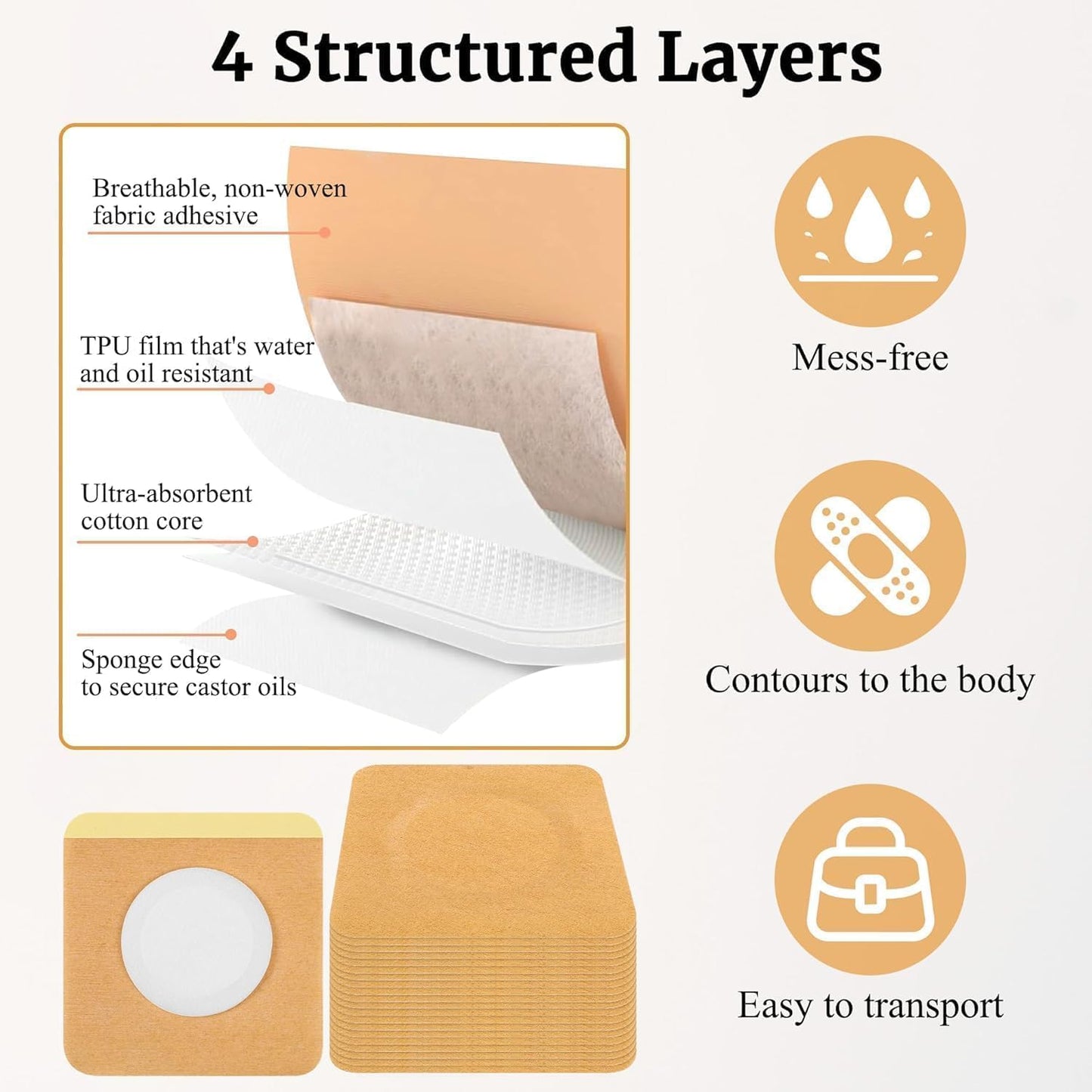 TIAMORK 100 片 2 吋蓖麻油包敷貼，適用於肚臍，棉質自黏蓖麻油包敷貼，高吸收性防漏，便攜，易於使用