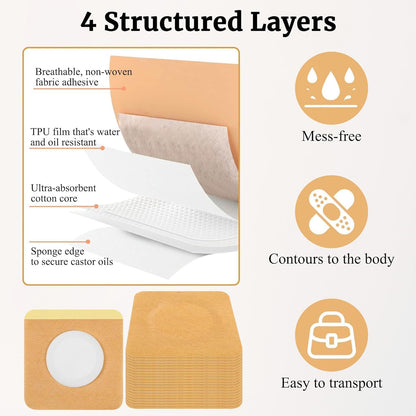 TIAMORK 100 片 2 吋蓖麻油包敷貼，適用於肚臍，棉質自黏蓖麻油包敷貼，高吸收性防漏，便攜，易於使用