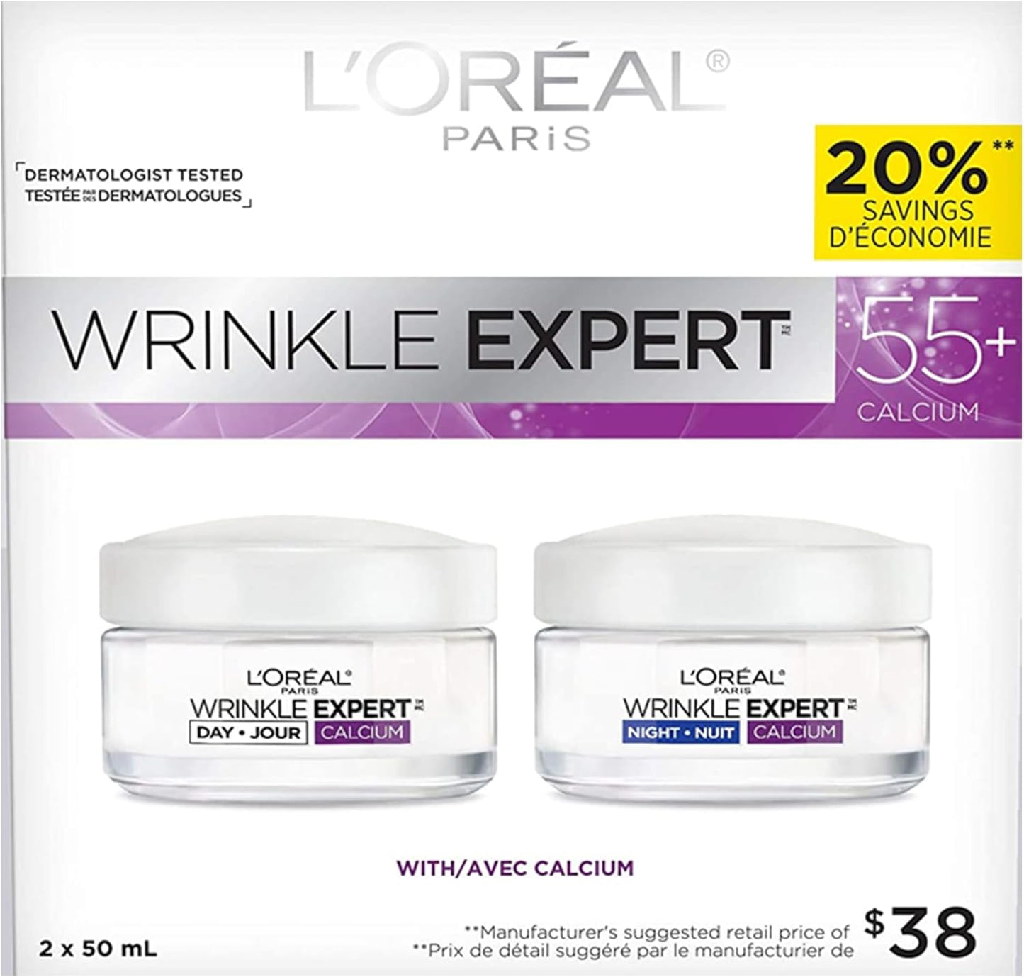 L'Oreal Paris Anti-Aging Face Cream 55+, Day + Night Skincare Kit, Wrinkle Expert, With Calcium to Reduce the Look of Wrinkles, 50mL