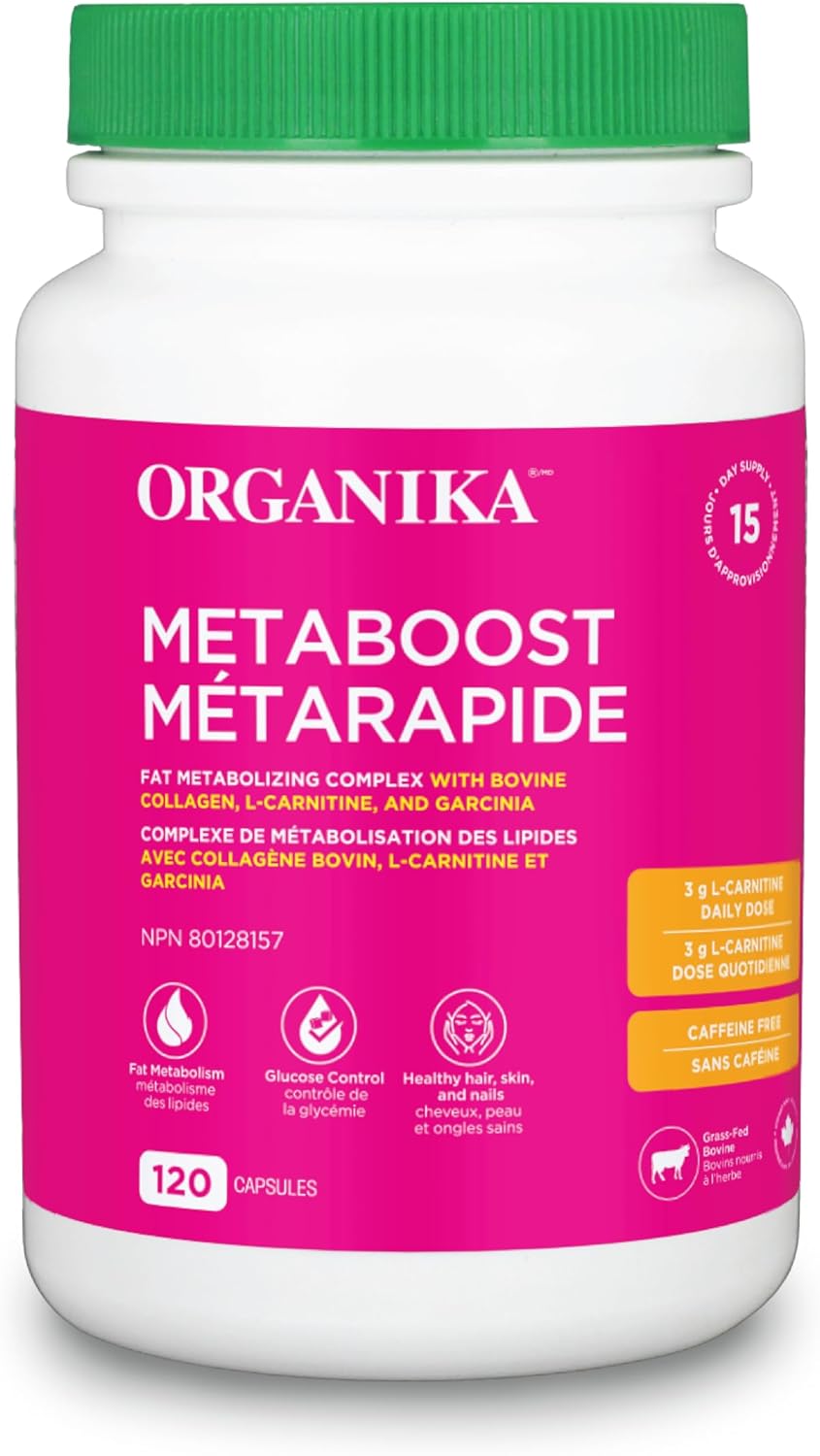 Organika 加拿大制造 Metaboost - 胶原蛋白、左旋肉碱和藤黄果 - 促进脂肪代谢、帮助控制体重、支持身体活动 - 120 粒胶囊