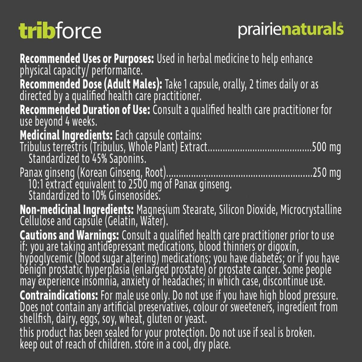 Prairie Naturals Trib Force 蒺藜和保加利亞蒺藜膠囊 - 增強體能。人參。健康的血糖水平。認知功能。緩解精神疲勞。非基因改造。無麩質。無酵母。無乳製品 - 60 攝氏度…