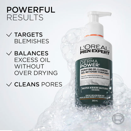 L’Oréal Paris Men Expert Derma Power Purifying Gel Cleanser, Salicylic Acid & Niacinamde Oil Control Acne Face Wash for Men, for Acne-Prone & Oily Skin, 260ml