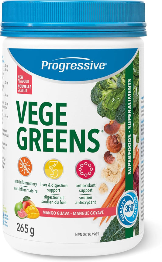 Progressive VegeGreens Mango Guava, Vegan Canadian-Made Superfoods + Daily Greens with 23 Whole Foods, Adaptogens, Anti-Inflammatory, Antioxidants & Digestive Support for Energy and Immunity, 265 g