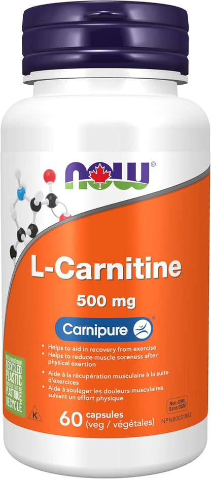 NOW Supplements，左旋肉鹼 500 毫克，最純淨形式，胺基酸，健身支持，60 粒素食膠囊