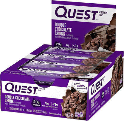 Quest Nutrition 双倍巧克力块蛋白棒，高蛋白，高纤维，低糖，适合生酮饮食，20 克蛋白质，1 克糖，12 支