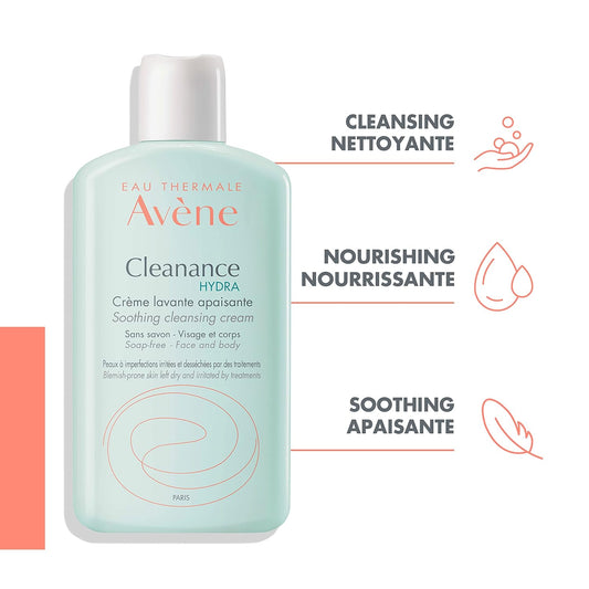 Eau Thermale Avène Cleanance HYDRA Cleansing Soothing Cream, Soap-free Face cleanser, Adjunctive Care for Drying Acne Treatment, 200 ml