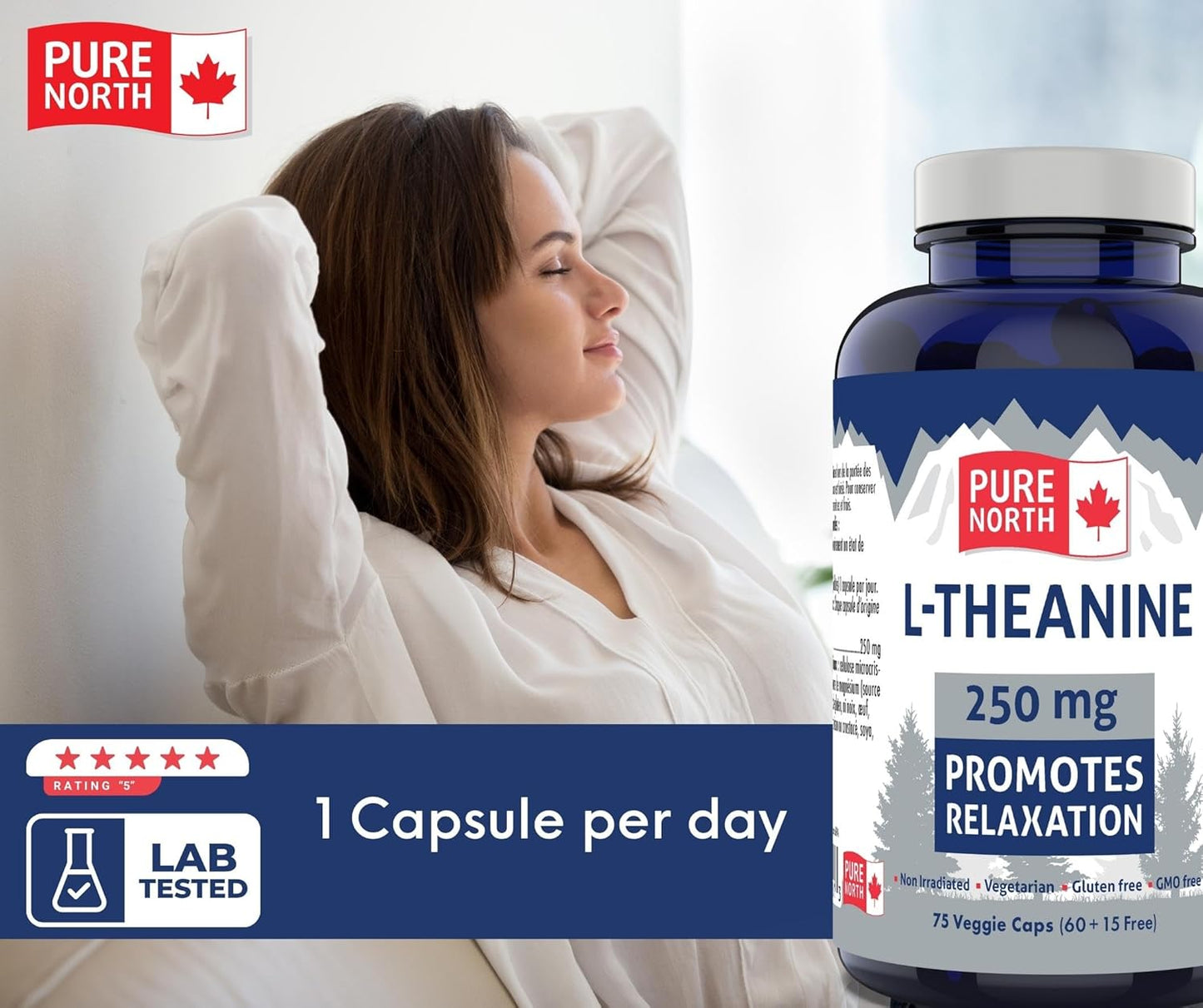PURE NORTH NATURALS L-茶氨酸 250 毫克，75 粒素食胶囊，75 天用量 - 纯素、非转基因、无麸质，促进放松，增强认知功能 - 加拿大制造