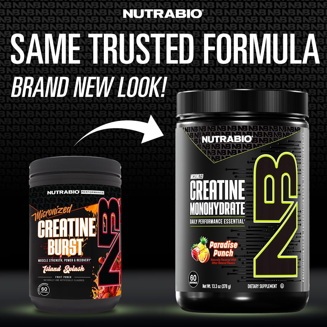 NutraBio Pure Micronized Creatine Monohydrate Powder Supplement,Paradise Punch Burst,(378g)