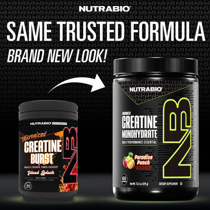 NutraBio Pure Micronized Creatine Monohydrate Powder Supplement,Paradise Punch Burst,(378g)