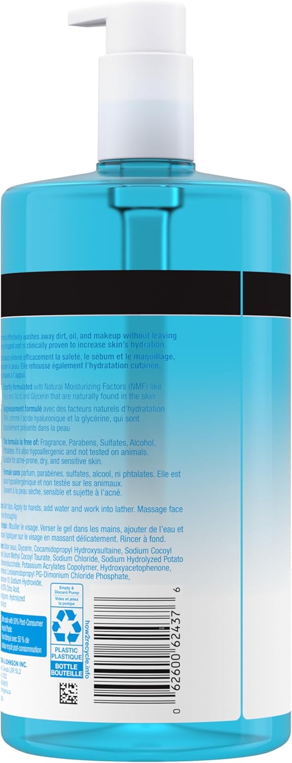 Neutrogena Hydro Boost Fragrance-Free Hydrating Cleansing Gel, Foaming, Facial Cleanser, Hyaluronic Acid, Paraben Free, 473-mL