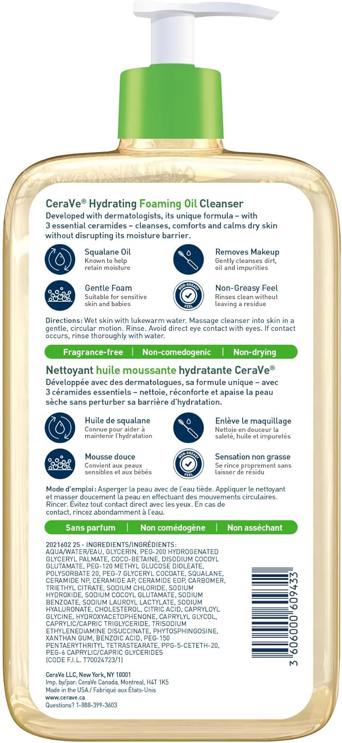 CeraVe Oil Cleanser for Face, Hydrating Foaming Face Cleanser with Squalene Oil, Hyaluronic Acid and Ceramides, for Dry to Very Dry Skin, Non-Greasy, Non-Comedogenic, Fragrance-Free, 562 mL