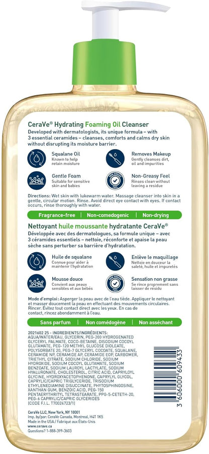 CeraVe Oil Cleanser for Face, Hydrating Foaming Face Cleanser with Squalene Oil, Hyaluronic Acid and Ceramides, for Dry to Very Dry Skin, Non-Greasy, Non-Comedogenic, Fragrance-Free, 562 mL