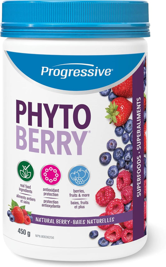 Progressive PhytoBerry 抗氧化超级食品粉，天然浆果口味，加拿大制造，含 40 种浓缩水果、植物营养素和植物油，可完全抵御自由基，纯素、无麸质、全天然，450 克