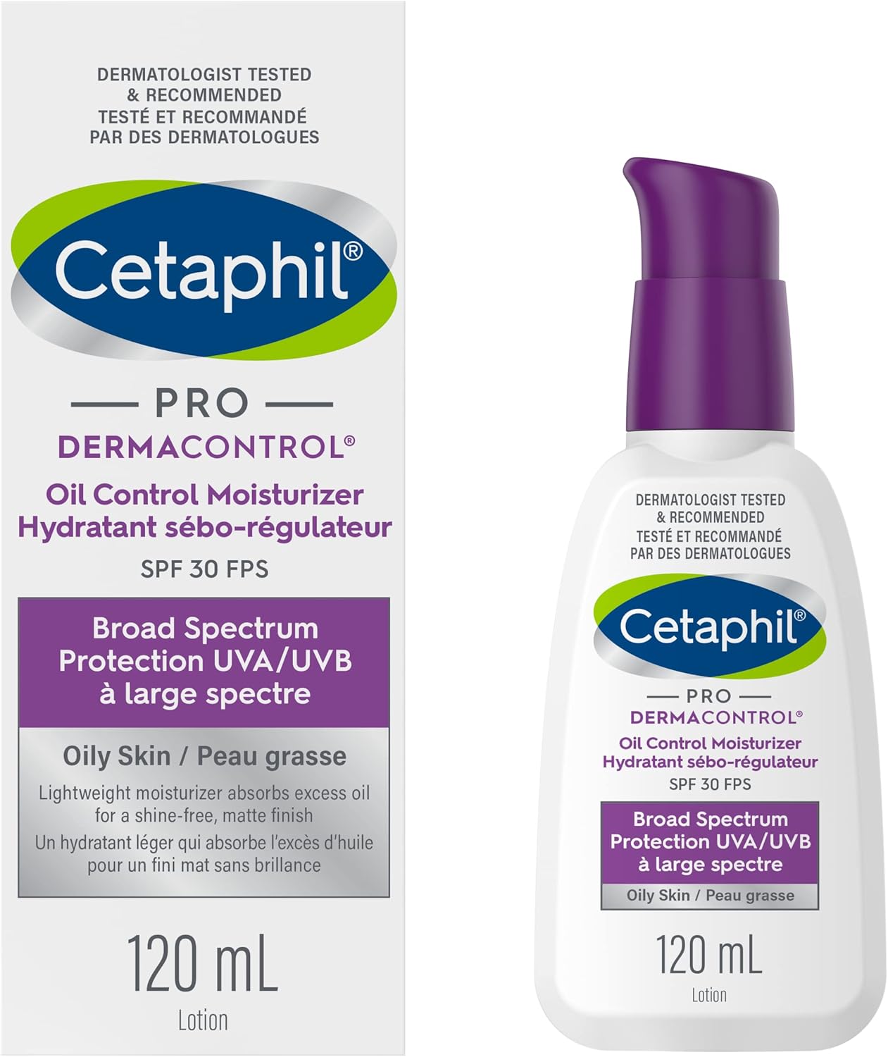 Cetaphil PRO DermaControl Oil Control Moisturizer SPF 30 With Zinc Complex, For Oily and Sensitive Skin - Broad Spectrum Protection With Matte Finish - Dermatologist Recommended, 120ml